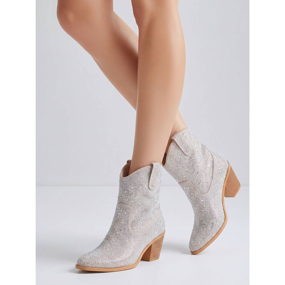 🩵NIB Apricot & Silver Rhinestones Wide Calf Ankle Boots Size 8